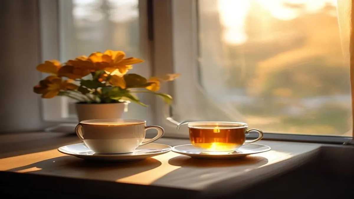 Morning routine with fresh tea by window.