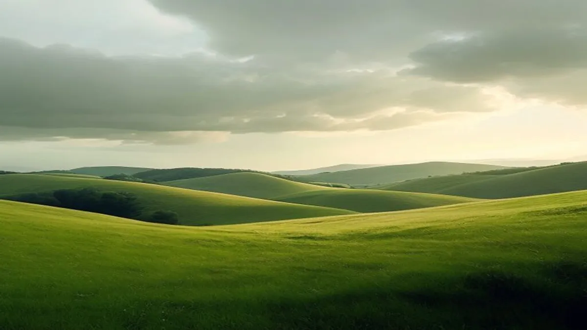 Clear sky after rain over green hills.