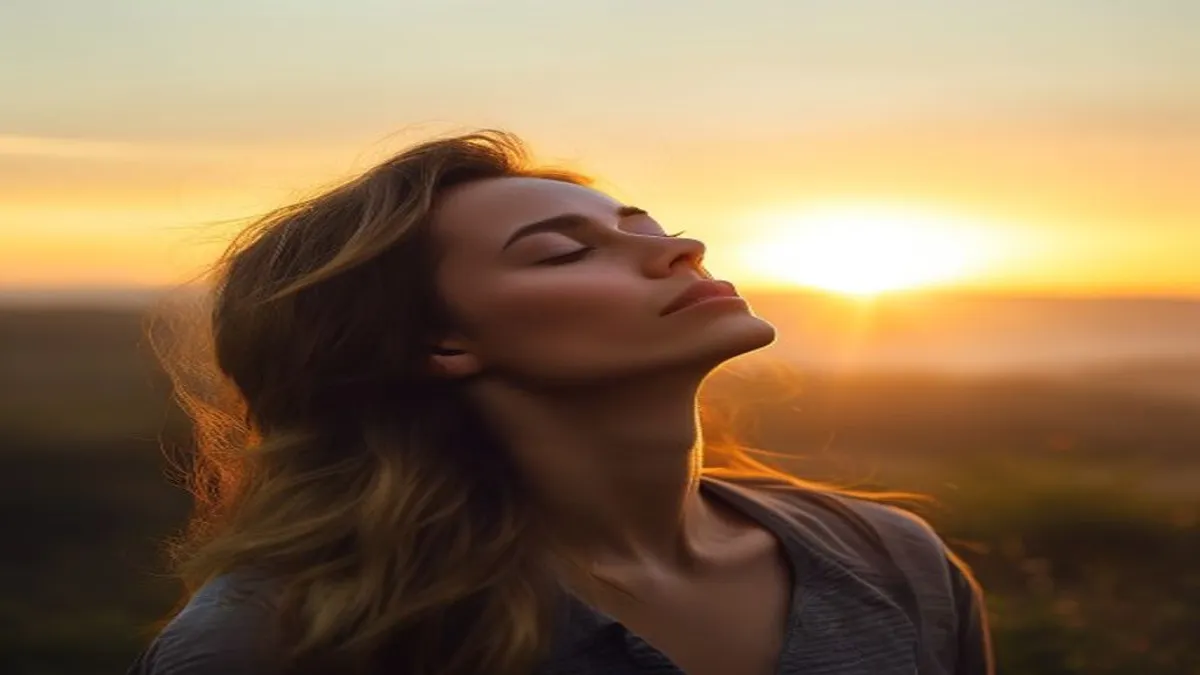Person breathing deeply at sunrise overlook.