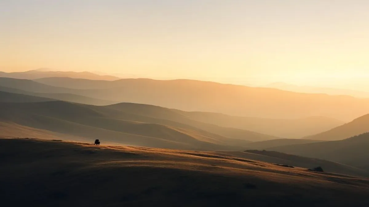 Soft mountain landscape at sunrise.