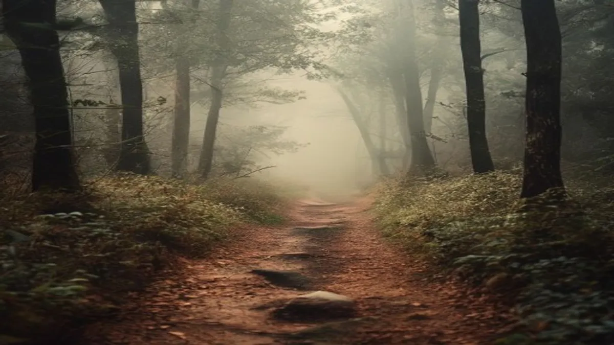 Misty forest path.