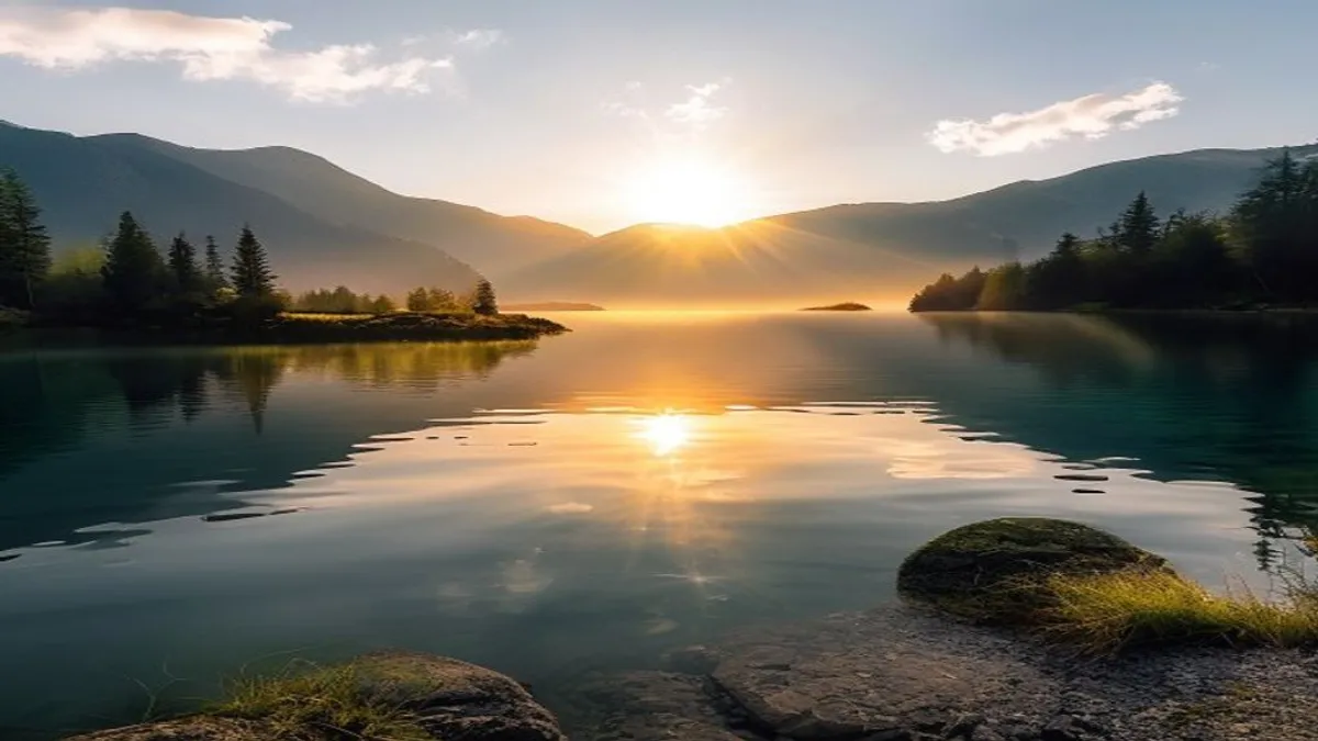 Sunrise over calm mountain lake.