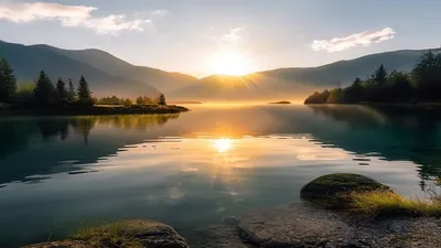 Sunrise over calm mountain lake.