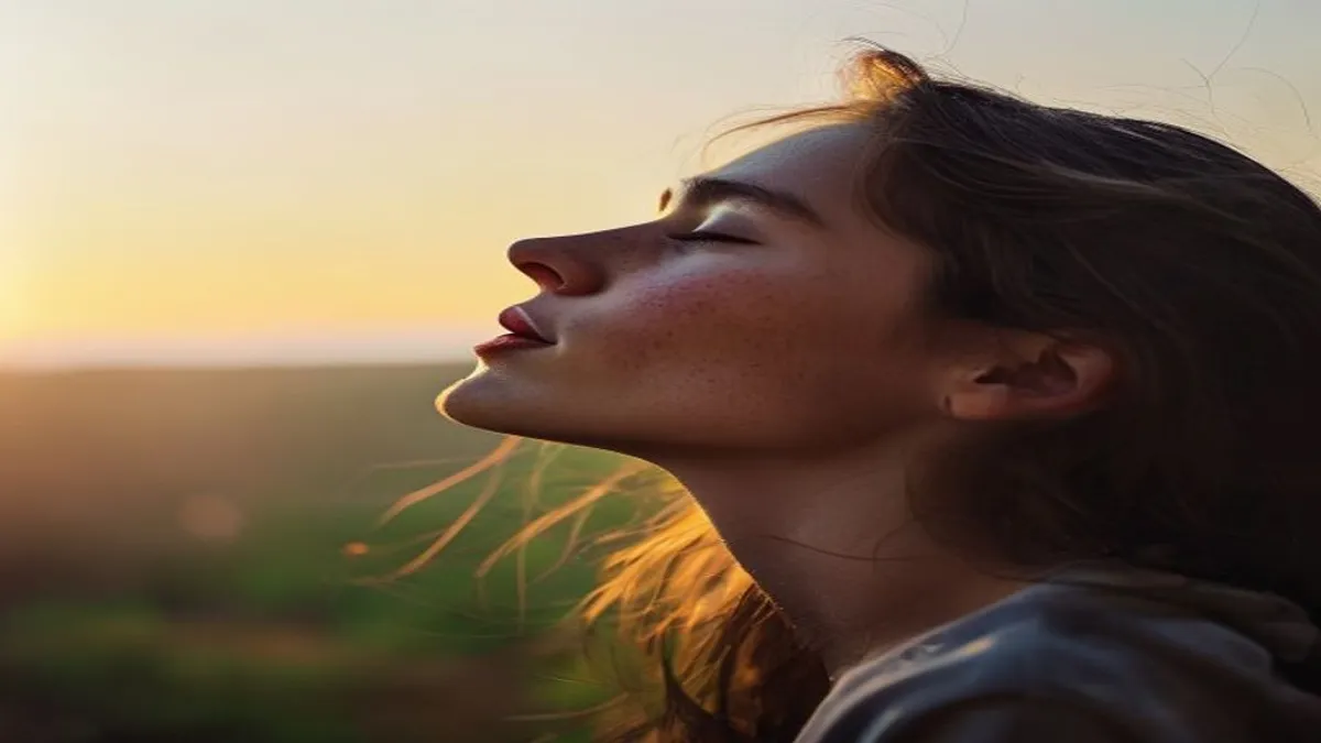 Person breathing deeply at sunrise overlook.