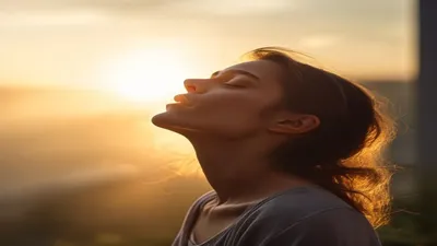 Person breathing deeply at sunrise overlook.