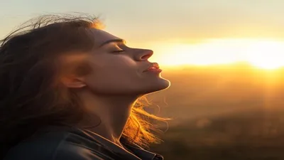 Person breathing deeply at sunrise overlook.