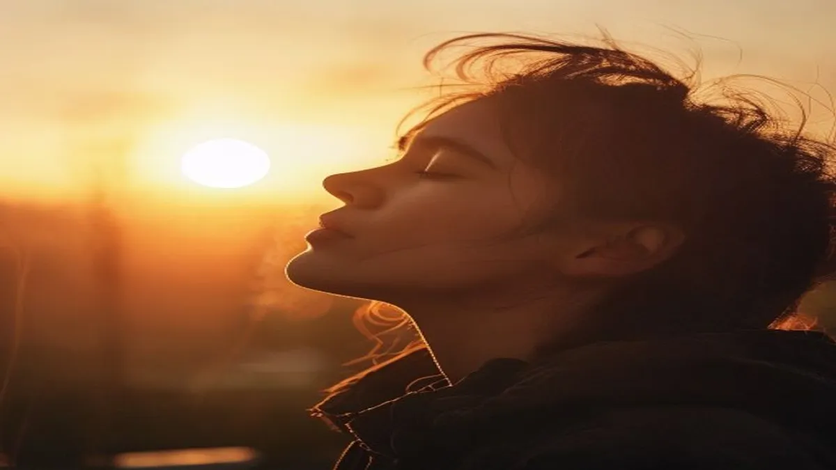Person breathing deeply at sunrise overlook.